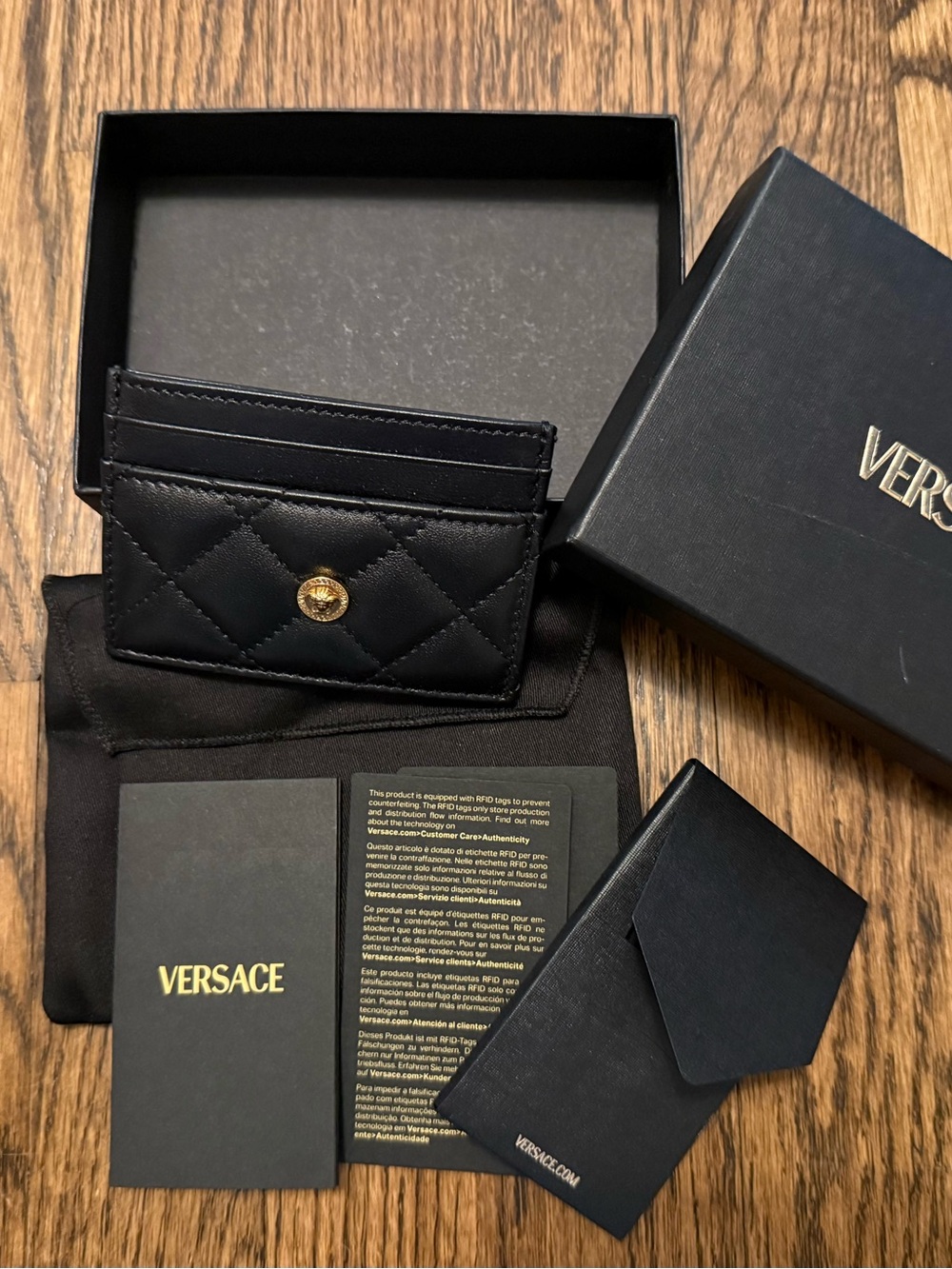 Versace Black Quilted Leather Card & Key Holder with Gold Medallion Button
